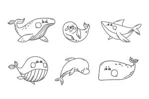 Ocean aquatic animals set in doodle style. Underwater mammals different species whales, shark, seal, dolphin. Illustration on isolated background for stickers, coloring book vector