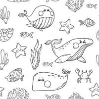 Seamless Pattern with whales, fishes and seaweed. Illustration on white background with ocean aquatic animals. Perfect for wallpaper, wrapping paper vector
