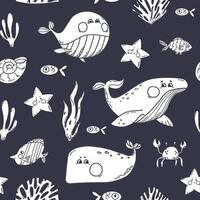 Seamless Pattern with whales, fishes and seaweed. Illustration on black background with ocean aquatic animals. Perfect for wallpaper, wrapping paper vector