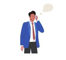 Young Businessman in suit and tie talking on smartphone with speech bubble. Flat illustration isolated on white background vector