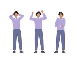 Young Man feel different positive emotions. Various male gestures and poses set. Successful work, happy, satisfaction. Flat illustration on white background vector