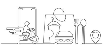 online shopping, food delivery mobile app one line continuous vector