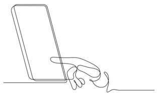 hand touching smart phone minimalism one line continuous vector