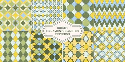 Collection of seamless colorful geometric ornament patterns. Bright mosaic vintage backgrounds. Decorative symmetry prints vector