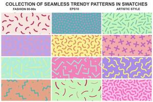 Collection of bright seamless colorful patterns. Creative unusual textile vibrant prints. Repeatable fun trendy backgrounds. Fashion style 80-90s. Endless design you can find in swatches panel vector
