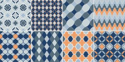 Collection of seamless colorful geometric ornament patterns. Bright mosaic backgrounds. Decorative symmetry prints. Tile repeatable textures vector