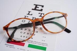 Glasses on eye exam chart to test eyesight accuracy of reading. photo