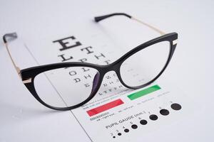 Glasses on eye exam chart to test eyesight accuracy of reading. photo
