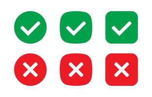 Right or wrong icons. Green tick and red cross checkmarks. Yes or no symbol, approved or rejected icon for user interface. vector