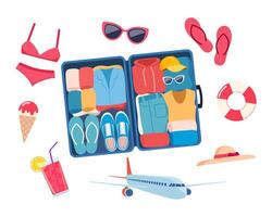 Open suitcase with clothes and summer beach elements around it. Summer colorful objects collection for outdoor trip vacation. illustration. vector