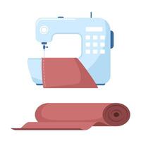 Modern sewing machine, piece of fabric with stitching and a roll of fabric. Handmade equipment for dressmaking. Accessory for sewing. illustration. vector