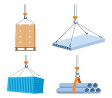 Transportation and loading of various cargoes. Metal pipes, slab, container, boxes on pallet. Construction works. Loading by crane. . vector