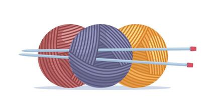 Balls of yarn with knitting needles. Clews, skeins of wool. Tools for knitwork, handicraft, crocheting, hand-knitting. Female hobby. . vector