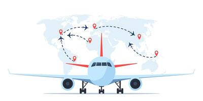 Aircraft in front view, world map with flight routes and pins marker. Time to travel concept. Traveling by plane. International flight. illustration for poster, banner. vector