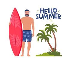 Young man surfer with surfboard standing on the beach. Palms and Hello Summer lettering. Concept of adventure, journey, summer trip. Illustration. vector
