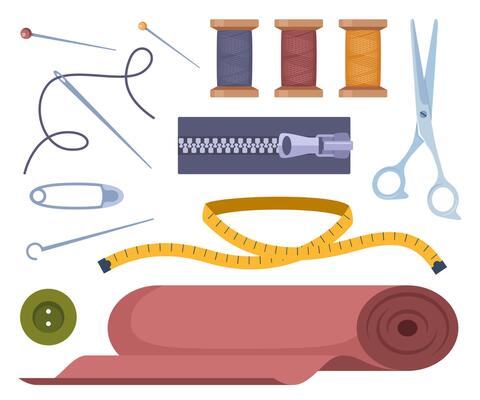 Tailors accessories, supplies to sew cloth. Dressmaking collection with thread rolls, button, needles, zipper, scissors. Tailoring studio.