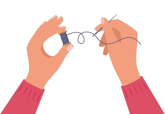 Sewing needle with red thread in human hands. Accessory for tailoring. .