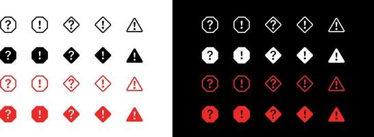 Warning icons outline set Notification, hexagon alert, danger, Security and protection. Attention danger sign Caution error Exclamation mark, Question Mark, Safety Notice Icon in black and white vector