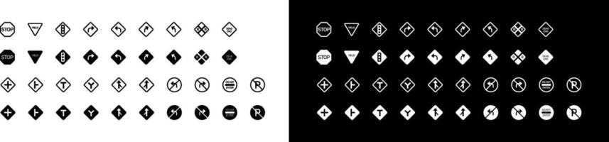 Traffic signs icon set design. Warning Symbol Sign Isolate on White and black Background. Mandatory, prohibition no parking stop turn left right roundabout information t vector