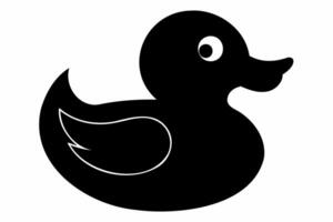 Black silhouette of a rubber duck isolated on a white background. Bath toy duck icon. Concept of minimalism, bath toy, simple design. Print, icon, logo, template, design element. Graphic art vector