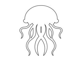 Black outline of Jellyfish with flowing tentacles. Isolated on white background. Oceanic medusa. Concept of ocean animal, sea creature. Graphic art. Print, icon, design element, coloring page vector