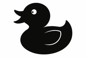 Black silhouette of a rubber duck isolated on a white background. Bath toy duck icon. Concept of minimalism, bath toy, simple design. Print, icon, logo, template, design element. Graphic art vector