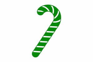 Green silhouette of candy cane with striped pattern isolated on white background. Traditional festive treat icon in minimalist style. Concept of Christmas, confectionery. Design element, print. vector