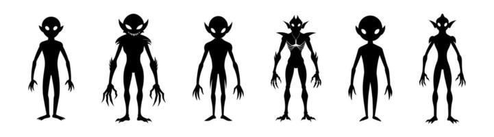 Set of Black silhouettes of an aliens isolated on white background. Humanoids. Graphic art. Concept of extraterrestrial, sci-fi design, space character. Icon, print, pictogram, design element vector
