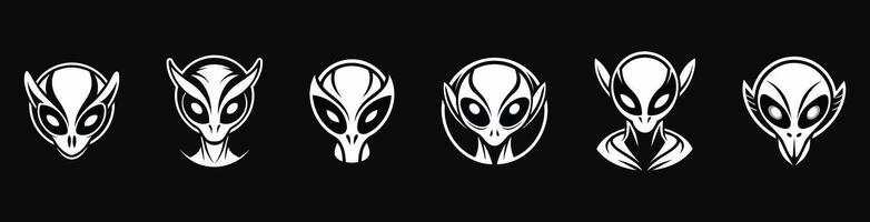 Set of white silhouettes of alien heads isolated on black background. Humanoids. Concepts include extraterrestrial life, sci-fi design, space beings. Icons, prints, pictograms, logos, design elements vector
