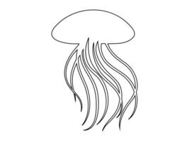 Black outline of Jellyfish with flowing tentacles. Isolated on white background. Oceanic medusa. Concept of ocean animal, sea creature. Graphic art. Print, icon, design element, coloring page vector
