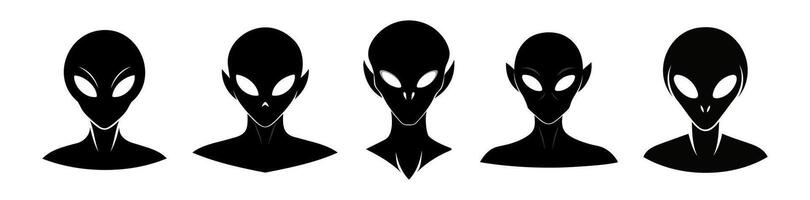 Set of Black silhouettes of alien heads isolated on white background. Humanoids. Concept of extraterrestrial, sci-fi design, space being. Graphic art. Icon, print, pictogram, logo, design element vector