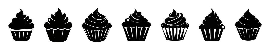 Set of Black silhouettes of cupcakes isolated on white background. Minimalist graphic illustration. Concept of dessert, baking, sweet food. Icon, template, sign, logotype, print, design element vector