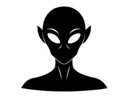Black silhouette of alien head isolated on white backdrop. Humanoid. Concept of extraterrestrial, sci-fi design, space being. Graphic illustration. Icon, print, pictogram, logo, design element vector