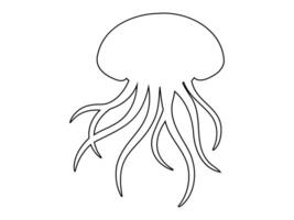 Black outline of Jellyfish with flowing tentacles. Isolated on white background. Oceanic medusa. Concept of ocean animal, sea creature. Graphic art. Print, icon, design element, coloring page vector