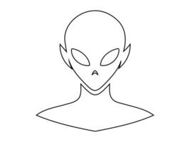 Black outline of alien head isolated on white background. Humanoid. Concept of extraterrestrial, sci-fi design, space being. Graphic illustration. Icon, print, design element, coloring page vector