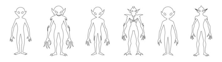Set of Black outlines of an aliens isolated on white background. Humanoids. Graphic art. Concept of extraterrestrial, sci-fi design, space character. Icon, print, pictogram, design element vector