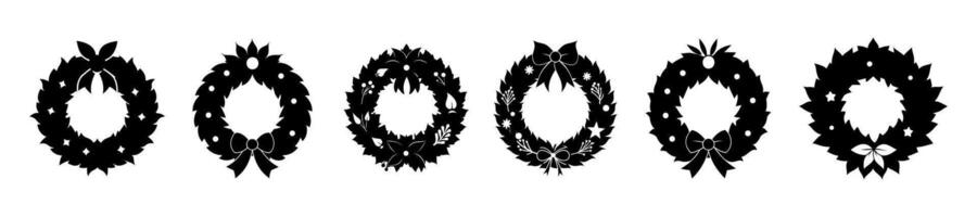 Black silhouettes of Christmas wreaths isolated on a white background. Graphic illustration. Concept of minimalist holiday decor and seasonal greetings. Suitable for print and design elements vector