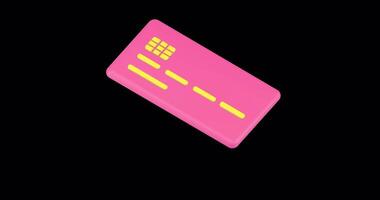Pink glossy diagonal placed plastic banking credit card 3d icon animation loop with alpha channel. Financial tool bill money storage for wireless digital payment with commercial POS terminal video