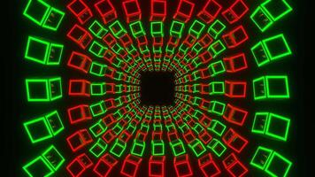 Tunnel Through Moving Green and Red Neon Squares Background VJ Loop in 4K video