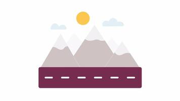 Freeway near snowcapped mountains cartoon animation. Landscape. Travelling to highland 4K motion graphic. Road in cliffs bottom 2D color animated scene isolated on white background video