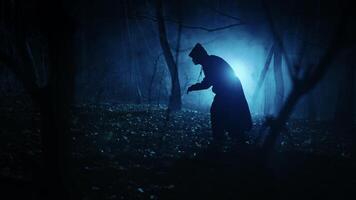 misterioso oscuro figura en el noche brumoso bosque. silueta de un irreconocible hombre en un sayo con un capucha. video
