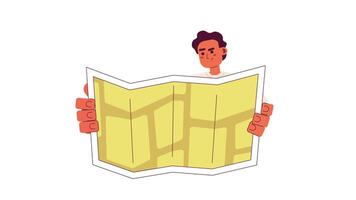 Arab man studying location map 2D character animation. Navigation on trip flat cartoon 4K , transparent alpha channel. Middle eastern male tourist animated person on white background video