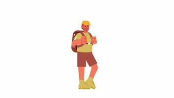 Caucasian male tourist with backpack 2D character animation. Hiking activity flat cartoon 4K , transparent alpha channel. European man backpacker animated person on white background video