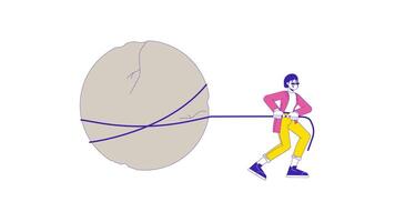 Positive japanese lady pulling large rock line 2D character animation. Work efforts flat color cartoon 4K , alpha channel. Asian woman doing hard tasks animated person on white background video