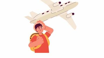 Asian man tourist before first plane trip cartoon animation. Travelling by aircraft 4K motion graphic. Korean male looking at airplane 2D color animated character isolated on white background video