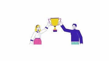 Multiracial colleagues winning championship line 2D characters animation. Success flat color cartoon 4K , alpha channel. Happy diverse winners with bowl animated people on white background video