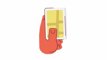 Opening map app on smartphone line 2D character hand animation. Navigation service flat color cartoon 4K , alpha channel. Tracking route online via mobile phone animated hand on white background video