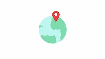 Earth globe with map pin 2D object animation. Marking country on world map for travelling flat cartoon 4K , transparent alpha channel. Journey abroad animated element on white background video