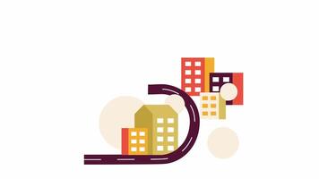 Curved road across city 2D object animation. Urban area infrastructure flat cartoon 4K , transparent alpha channel. Buildings and traffic route in town animated element on white background video