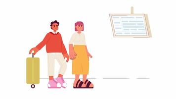 Multiethnic couple looking at info board cartoon animation. Waiting for flight 4K motion graphic. Tourists checking flight time 2D color animated characters isolated on white background video